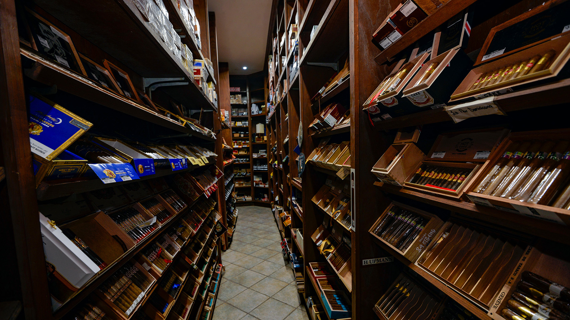 Walk-in humidor with premium cigars at Casa Petrides Tobaccos McAllen Texas