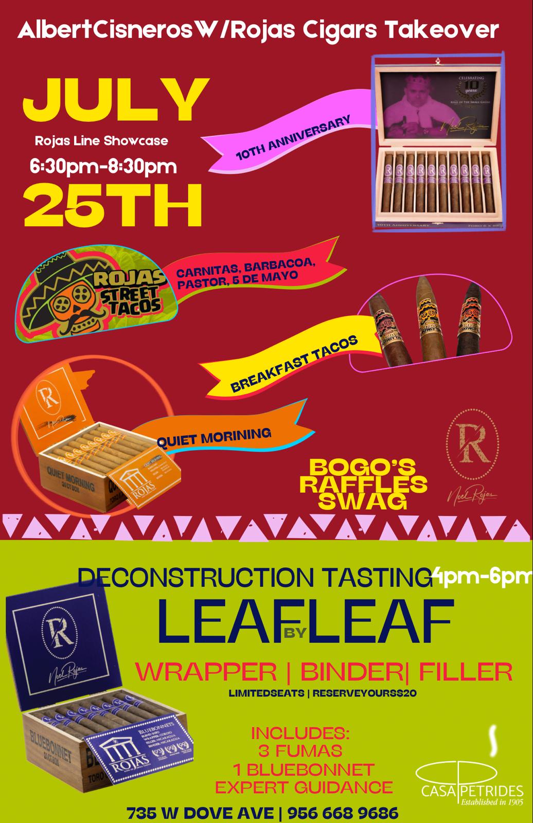 Albert Cisneros with Rojas Cigars Takeover event — July 25 2026, 4pm–8:30pm at Casa Petrides McAllen TX